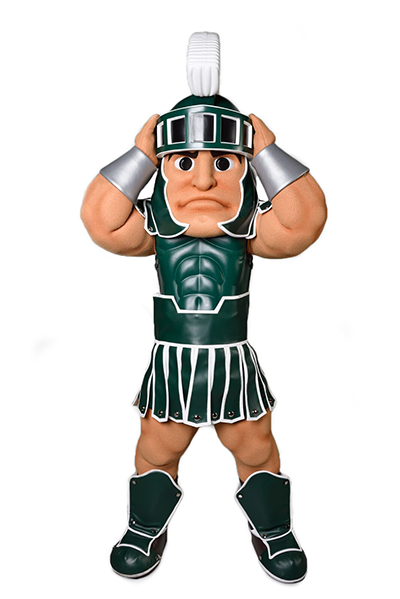 Sparty with his hands on his head